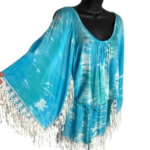 Tiare Hawaii Womens Boho Tie Dye Coverup Dress OS Blue Crochet Lace Fringe